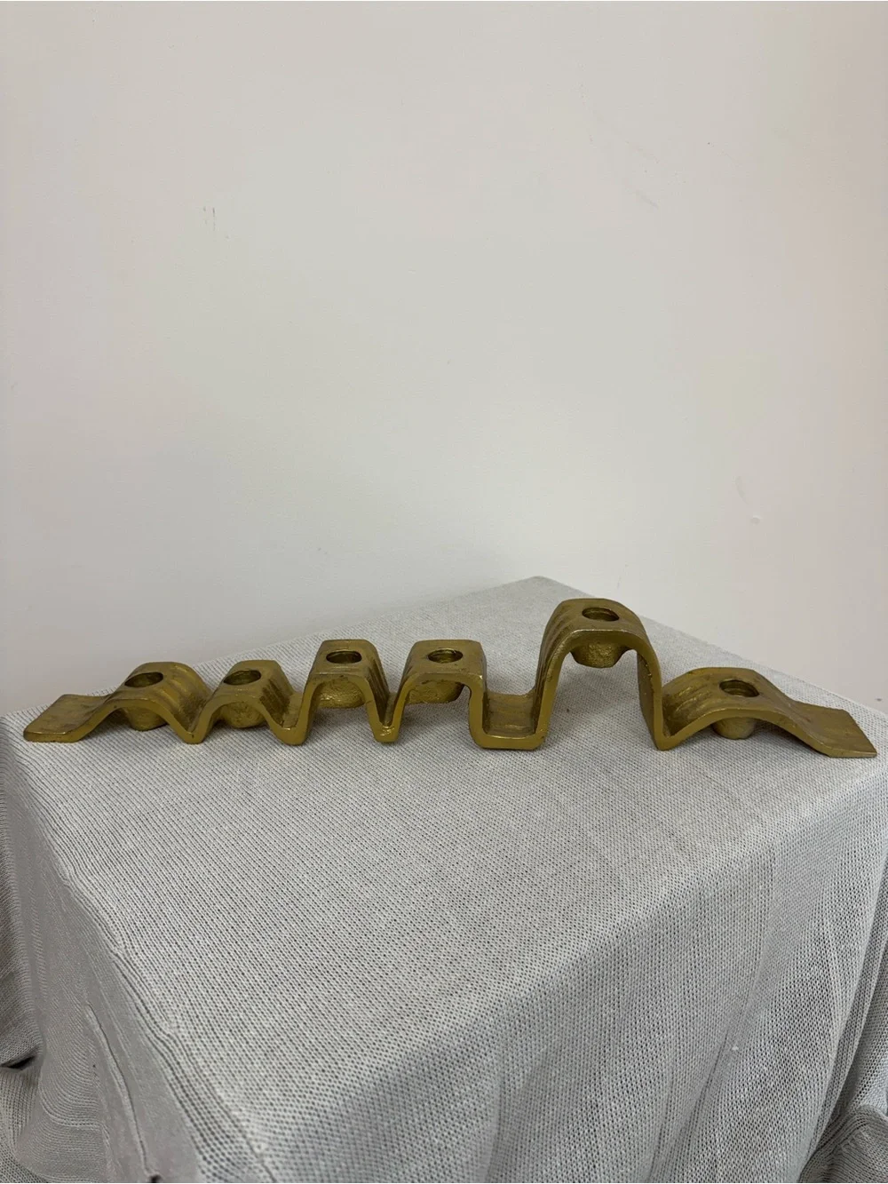 MCM Style Sculptural Gold Metal Wave Candelabra Taper Candle Holder Centerpiece